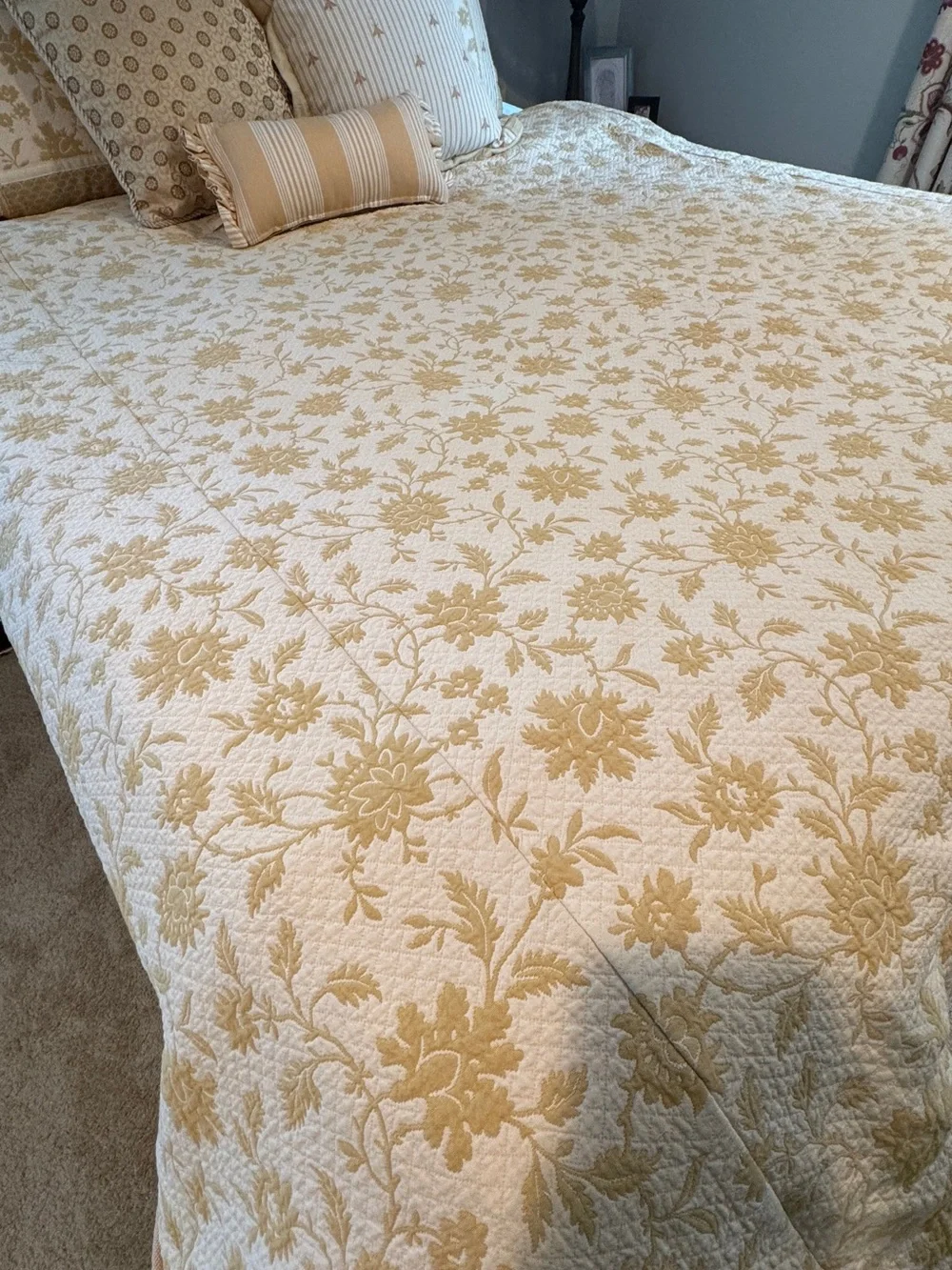 Ethan Allen Cream and Gold Floral Quilted Duvet Cover, Throw Pillows & Bedskirt